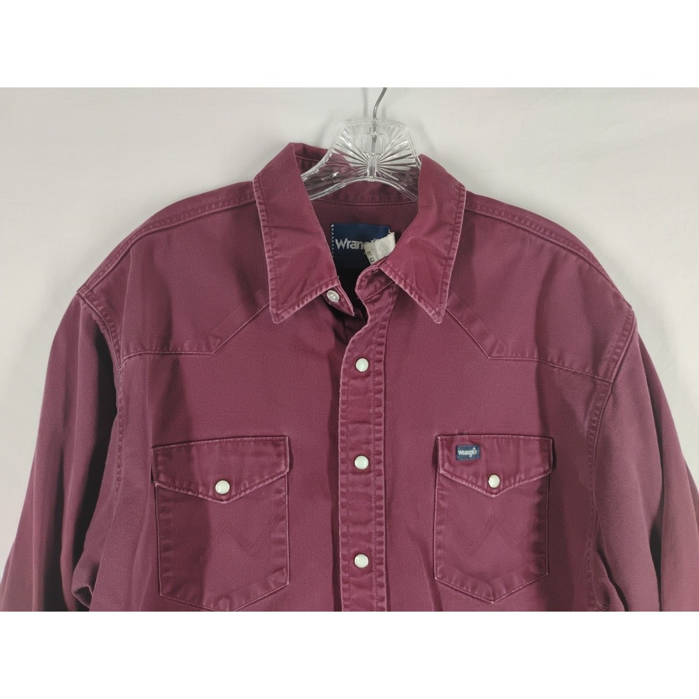 Vtg Wrangler 17 1/2 Mens XL Maroon Raw Edge Western Pearl Snap Button Up Shirt - Picture 2 of 11